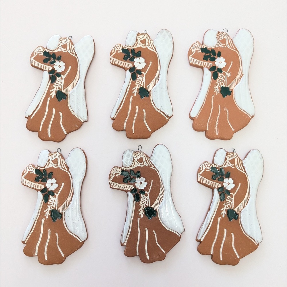 Winged Angel Christmas Ornament Set of 6 Handmade Pottery Folk Art Georgia Clay
